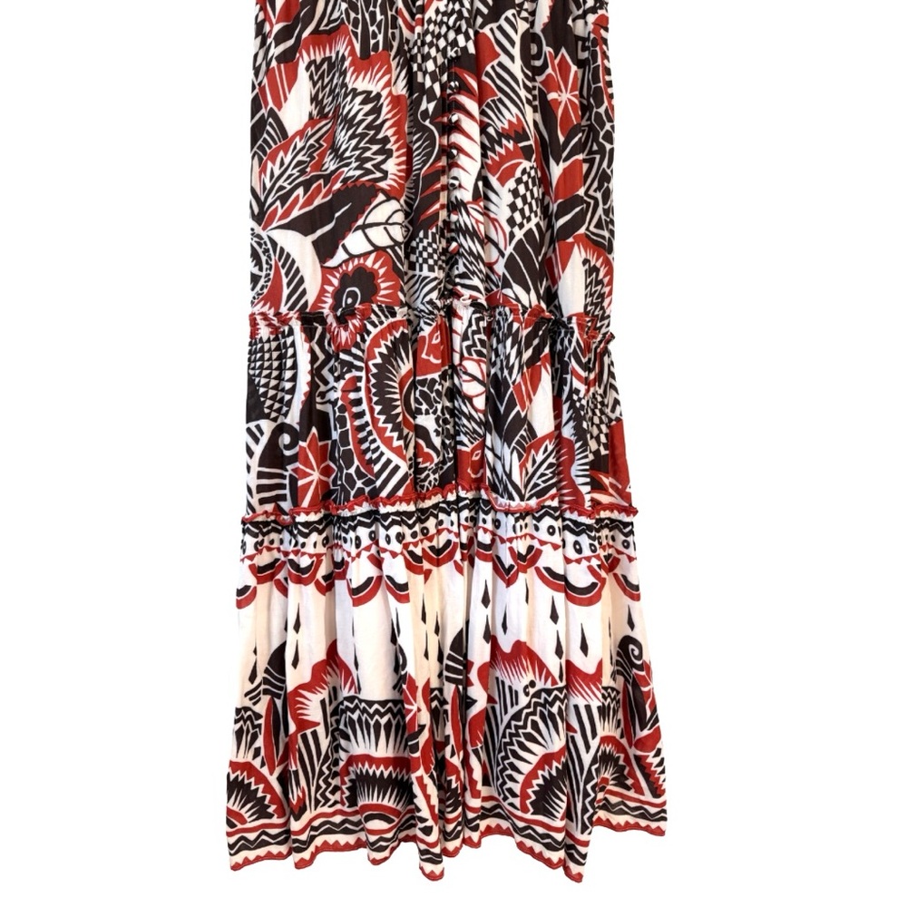 By Anthropologie XL Tiered Maxi Dress Red Pattern Short Sleeve V-Neck‎ Buttons - Picture 8 of 15